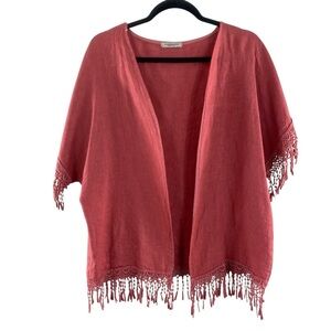 Valentina Naldi Made in Italy Coral 100% Linen Lace‎ Fringe Trim Kimono O/S